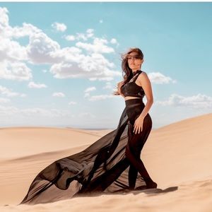 Long train sheer black maxi skirt